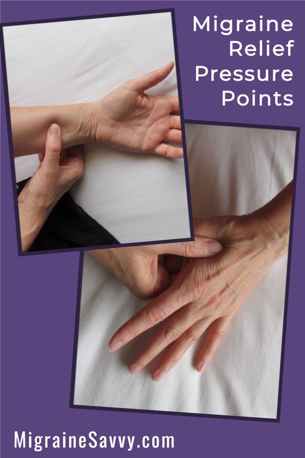 Find the top 5 pressure points for migraine relief demonstrated with clear hand positions.